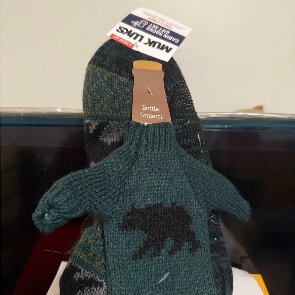 Muk Luks Dark Green Bottle Sweater and Socks with Bear Design